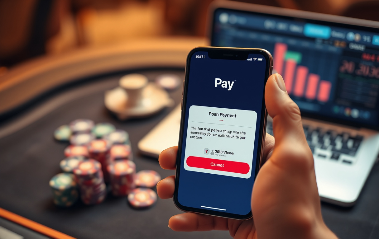 iPhone som viser Apple Pay-bekreftelse på et casino, med sjetonger og laptop i bakgrunnen