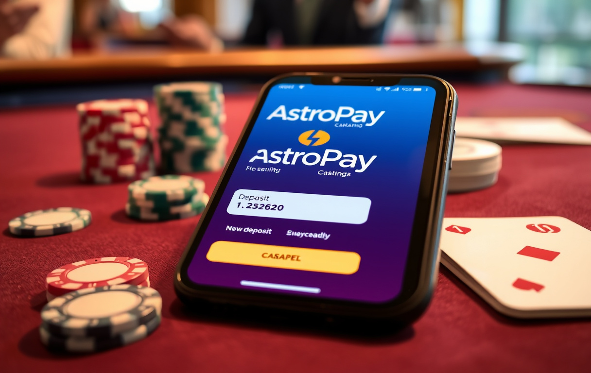 Smarttelefon med AstroPay-appen på et casinobord med sjetonger og kortstokk