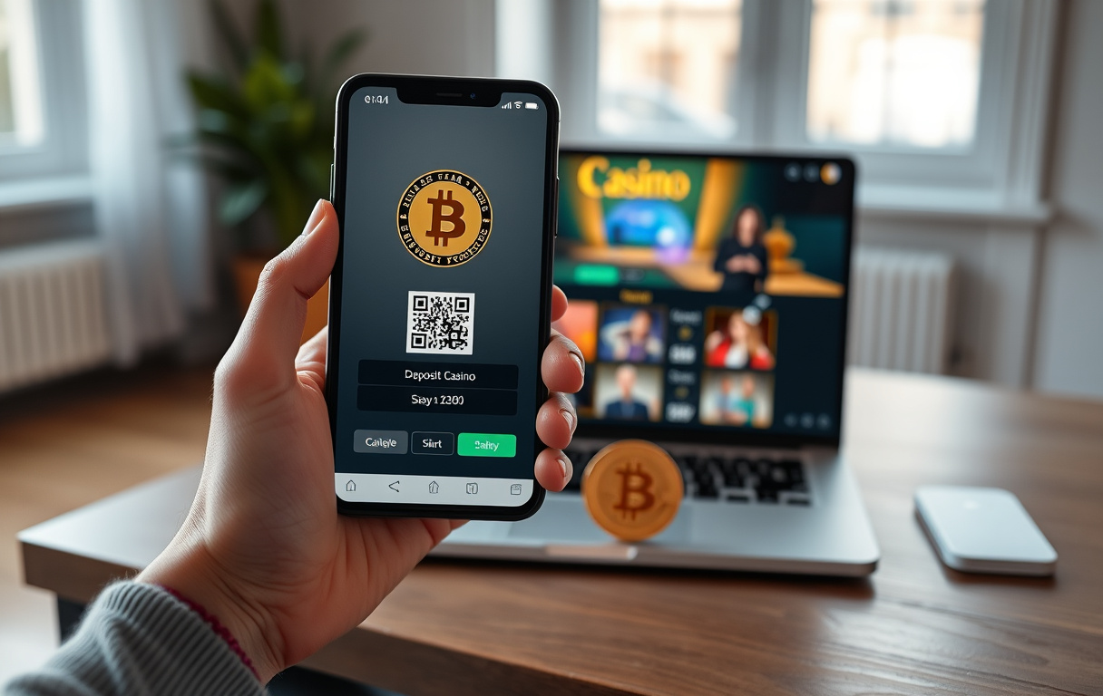 Person som setter inn Bitcoin på casino via mobil, med QR-kode og bitcoin-mynt synlig.