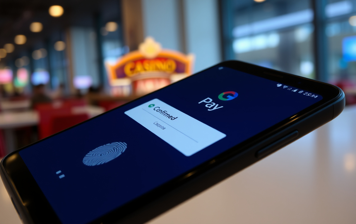Mobiltelefon med Google Pay-bekreftelse for casino-innskudd