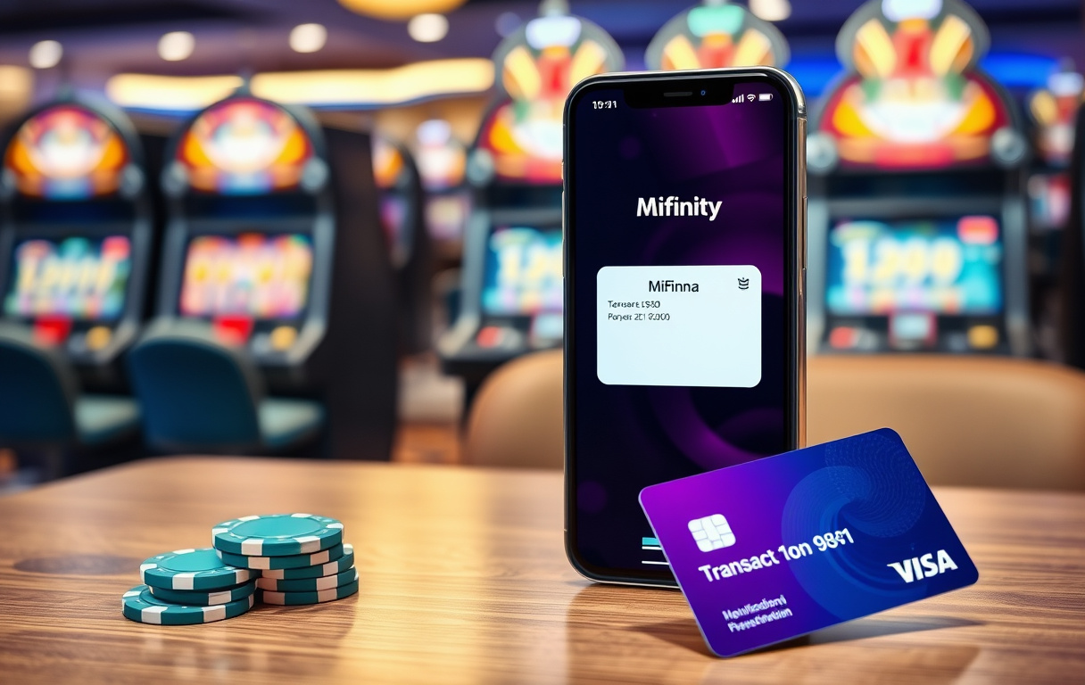 Smarttelefon med MiFinity-appen, ved siden av et casinokort og en sjetong på et bord.