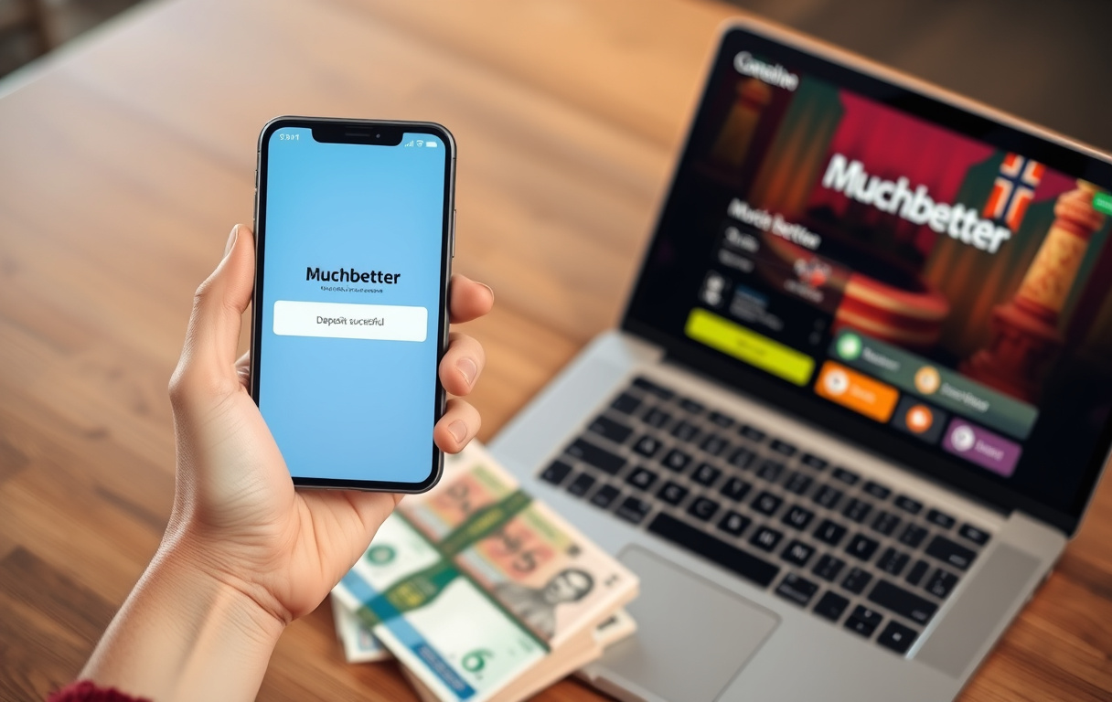 Person med Muchbetter-app på mobil og kasinokasse på laptop, med norske pengesedler i bakgrunnen.