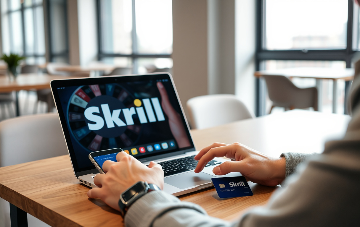 Person som bruker Skrill på mobil og laptop for casino-betaling