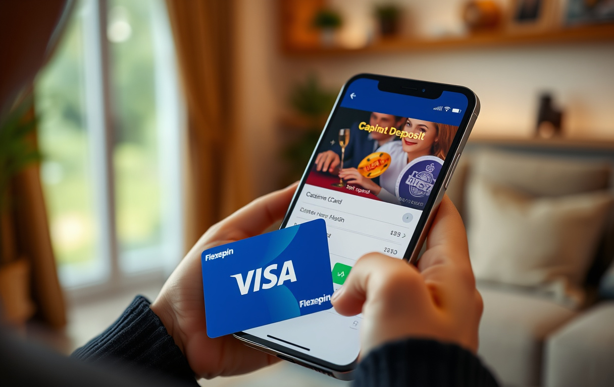 Person som holder mobil med Visa-innskuddsskjerm og gavekort ved siden av