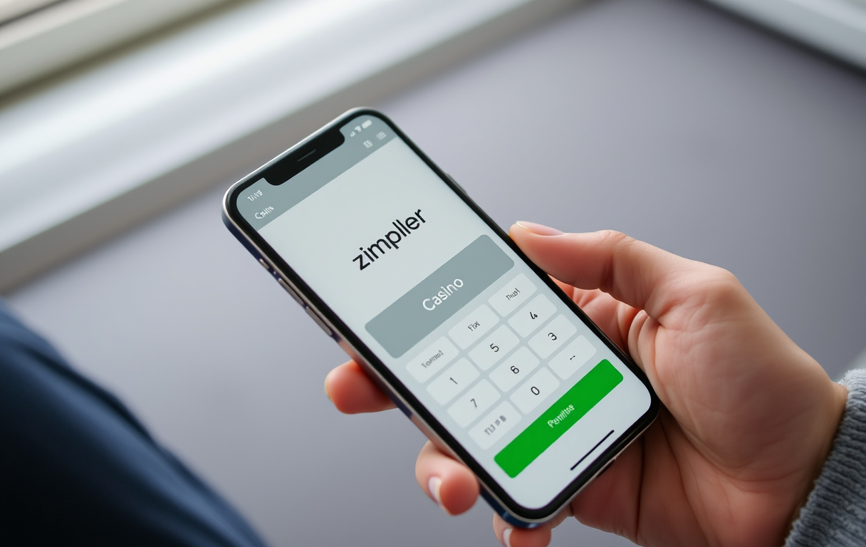 Person som holder en smarttelefon med Zimpler-betaling på et casino.