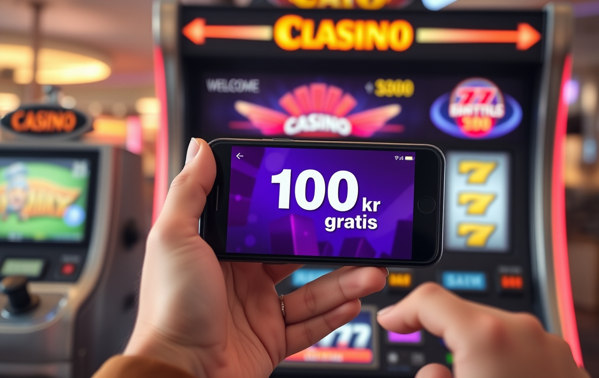 Mobiltelefon med casino-bonus på 100 kr gratis, ansvarlig spilling symbol i bakgrunnen