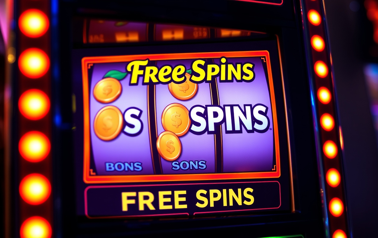 Nærbilde av en spilleautomat som viser en freespins-bonusrunde med gullmynter og neonlys.