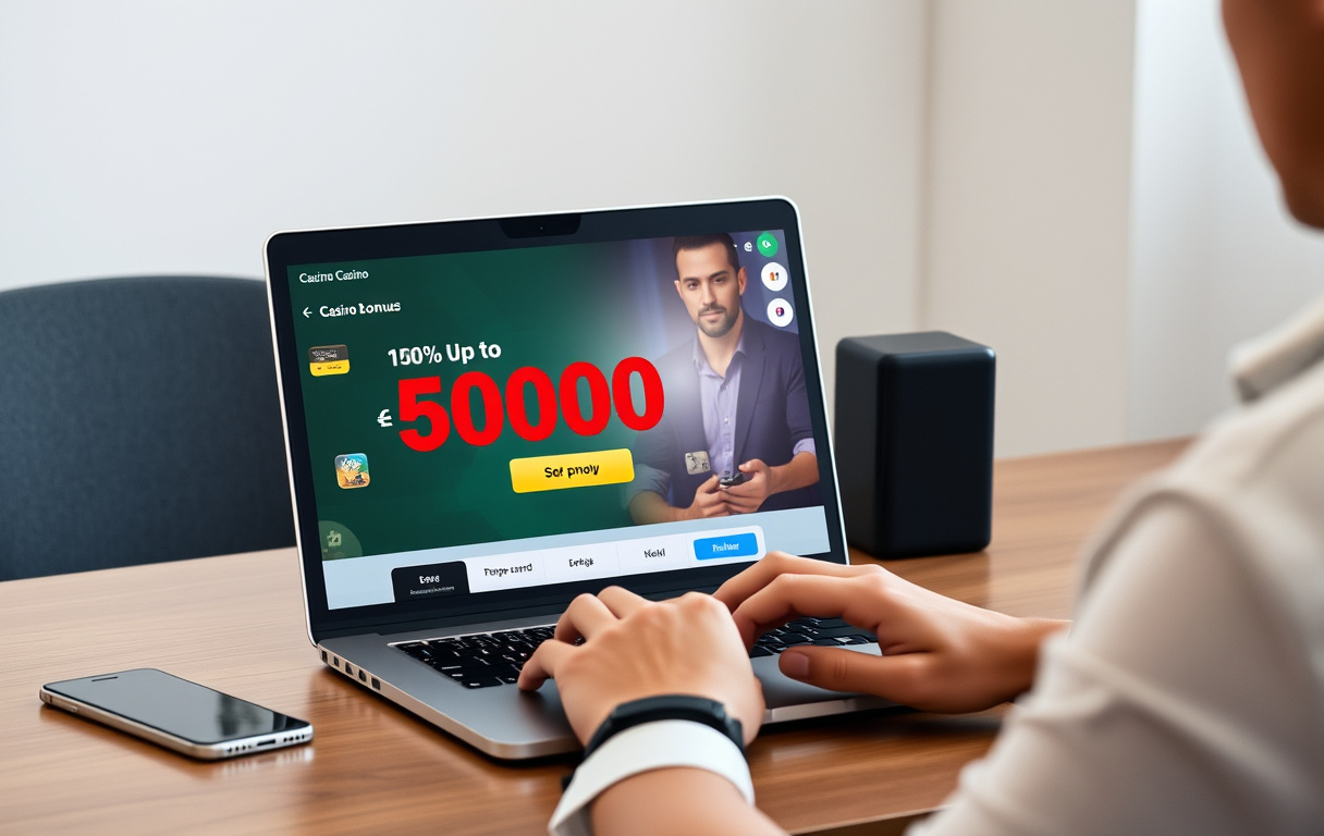 Person med laptop som viser en innskuddsbonus på 100% opptil 5000 kr, med kredittkort og mobil på bordet.