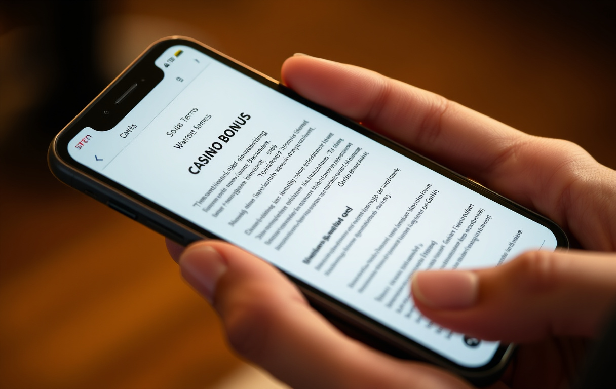 En person leser bonusvilkår med omsetningskrav på mobilen.