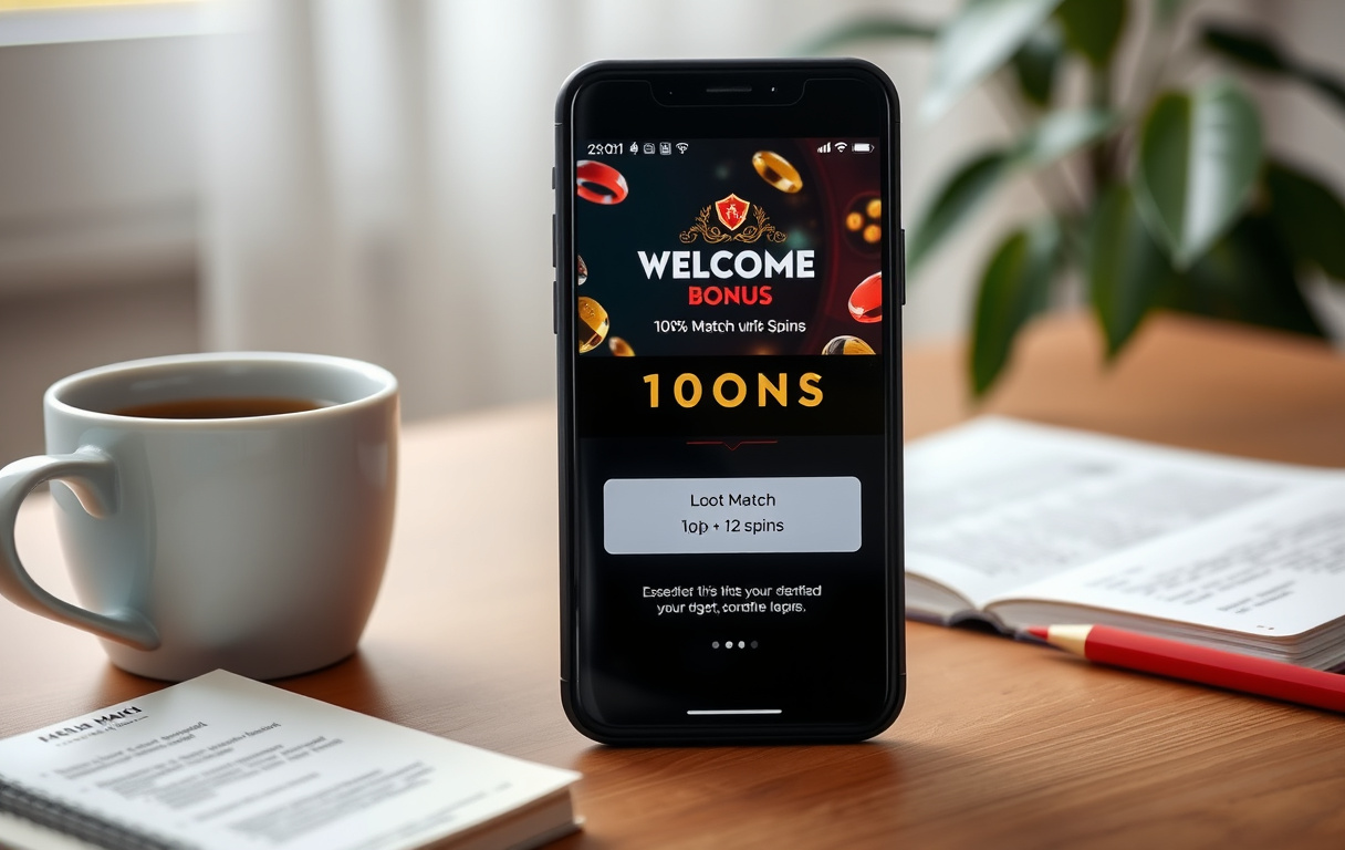 Smarttelefon med velkomstbonus-tilbud på skjermen, ved siden av kaffekopp og notatblokk med vilkår