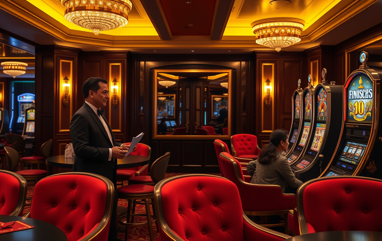 Elegant VIP casino-lounge med personlig vert og spilleautomat, myk belysning og røde fløyelsstoler.