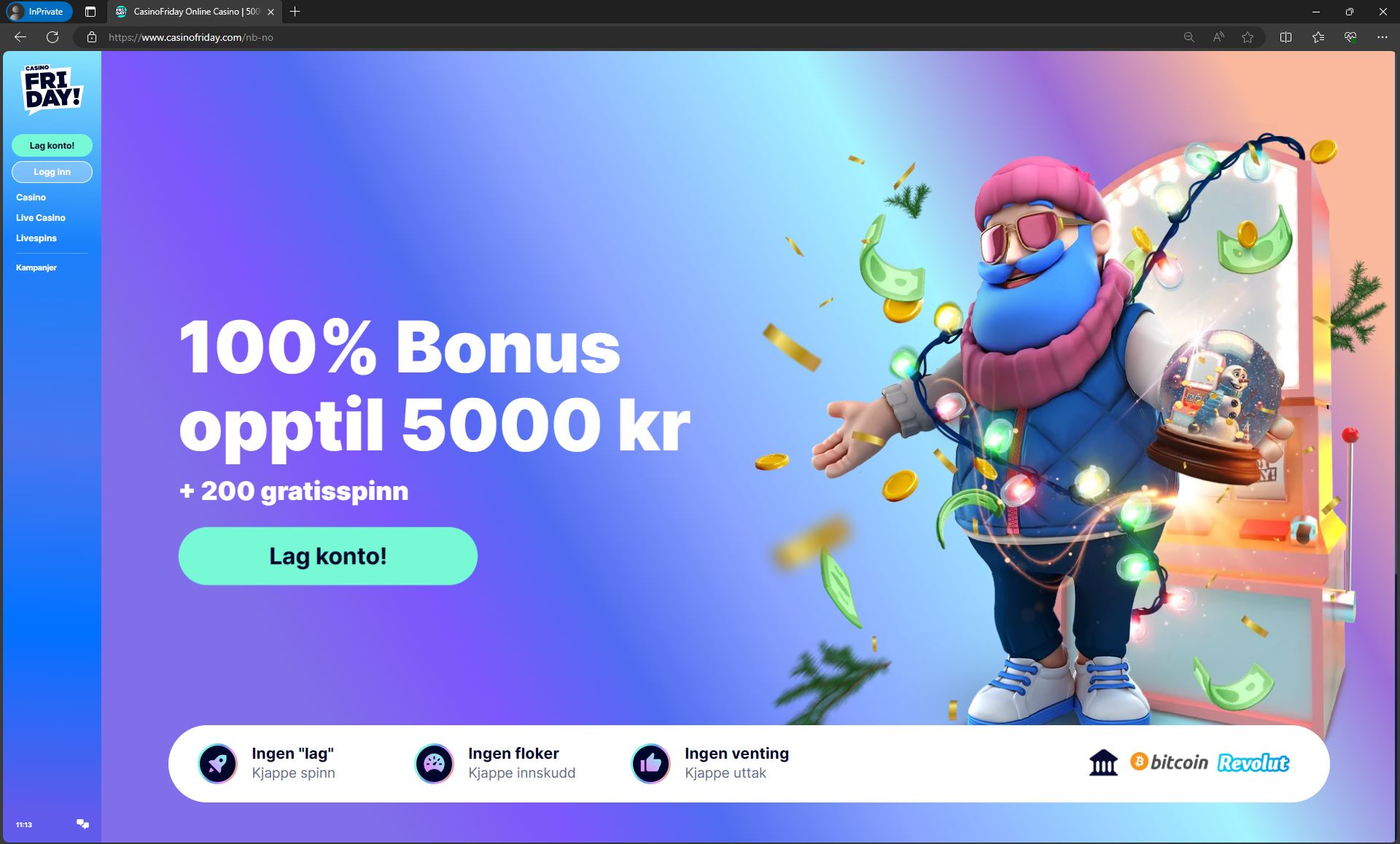 CasinoFriday test – skjermbilde fra nettsiden