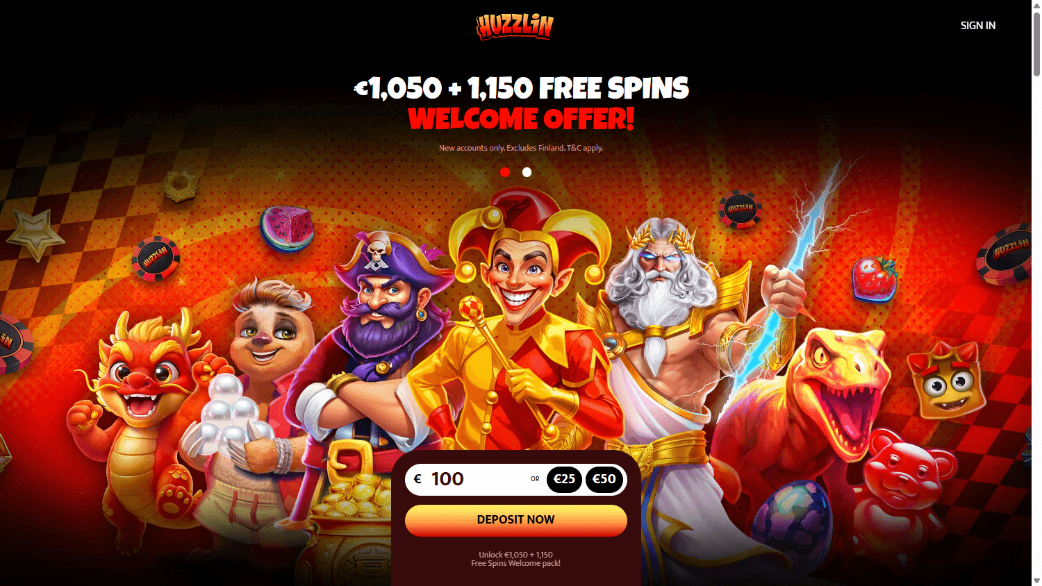 Huzzlin Casino – skjermbilde fra nettsiden