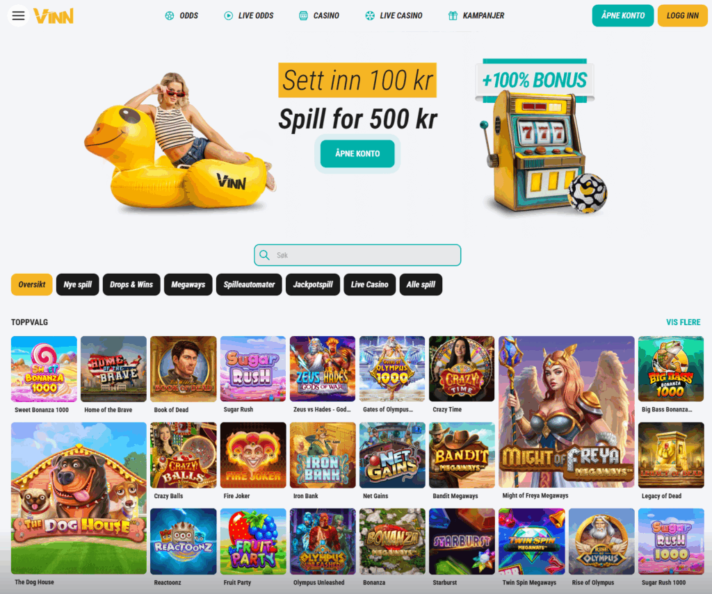 Vinn Casino – skjermbilde fra nettsiden