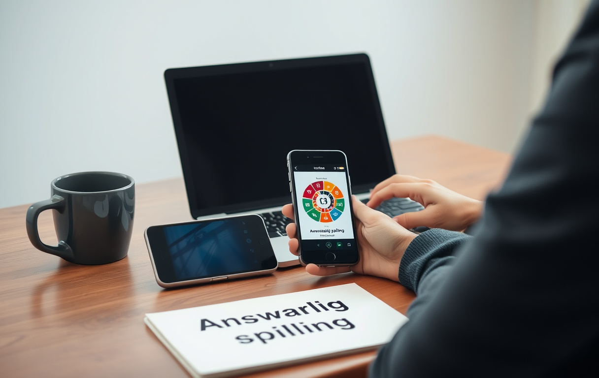 Person med laptop og mobiltelefon som viser verktøy for ansvarlig spilling, med notatblokk og kaffekopp.