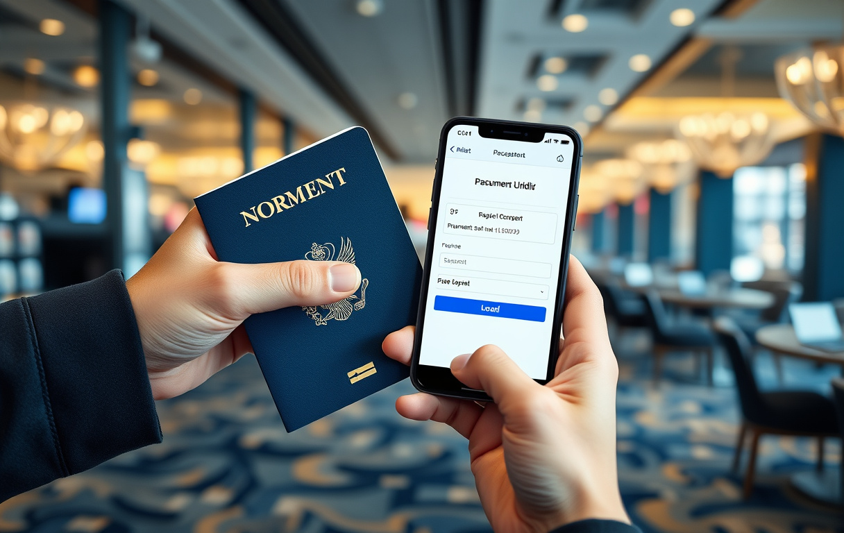 Person med norsk pass og mobiltelefon som laster opp dokumenter for casino-verifisering.