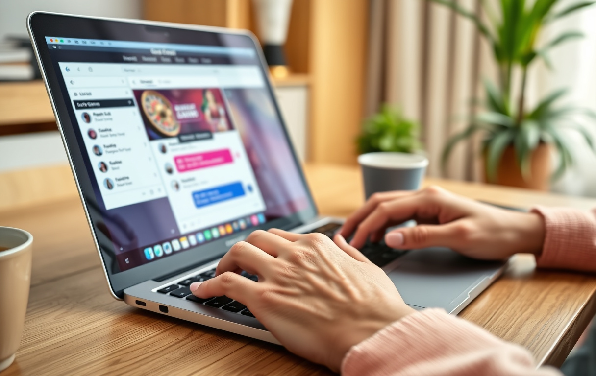 Hender som skriver på laptop med kaffekopp og mobiltelefon som viser live chat for casino kundeservice