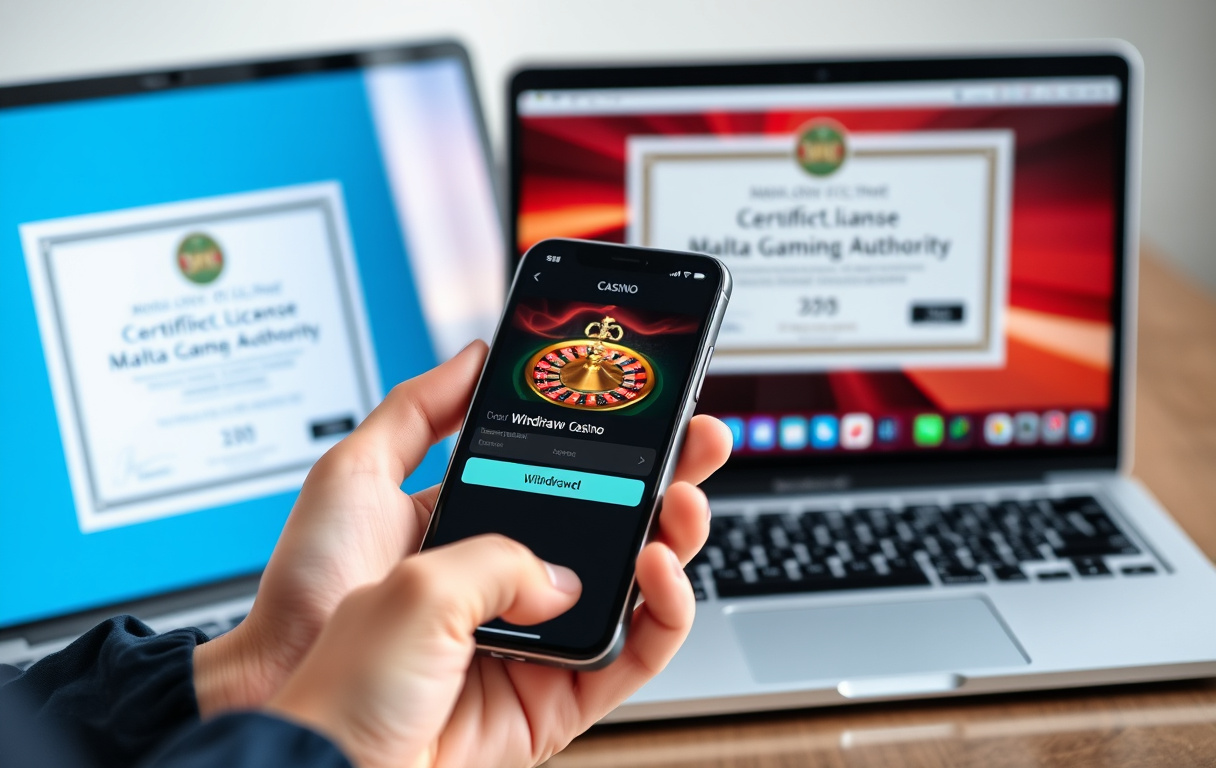 Person med smarttelefon som viser utbetalingsbekreftelse fra et nettcasino, med MGA-lisens på skjermen i bakgrunnen.