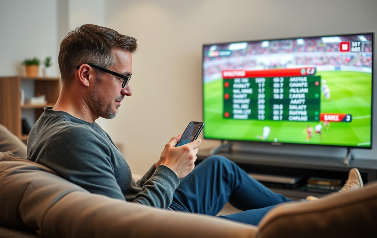 En person som sjekker odds på mobilen i stua, med sport på TV-en i bakgrunnen.