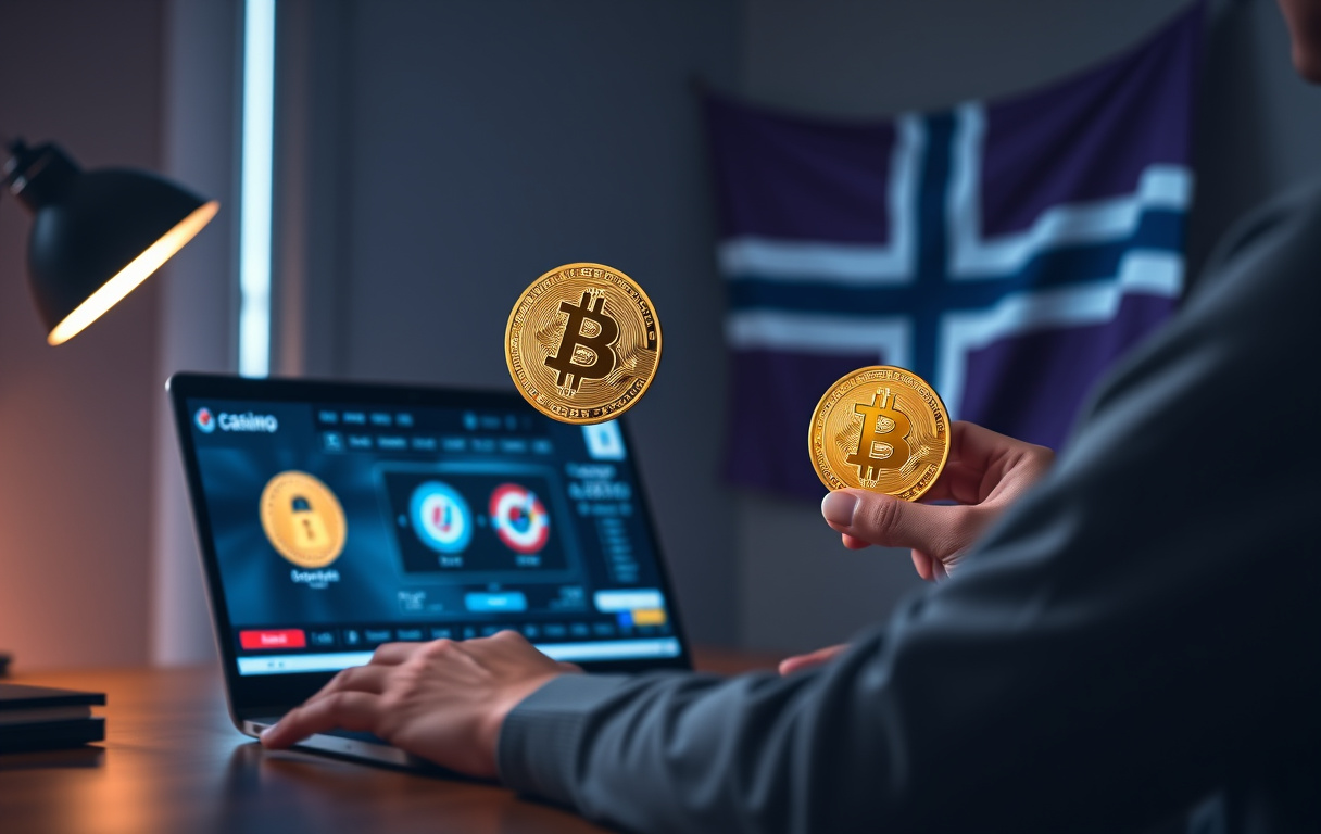 Person som holder en Bitcoin-mynt foran en laptop med et casino-grensesnitt og norsk flagg i bakgrunnen.