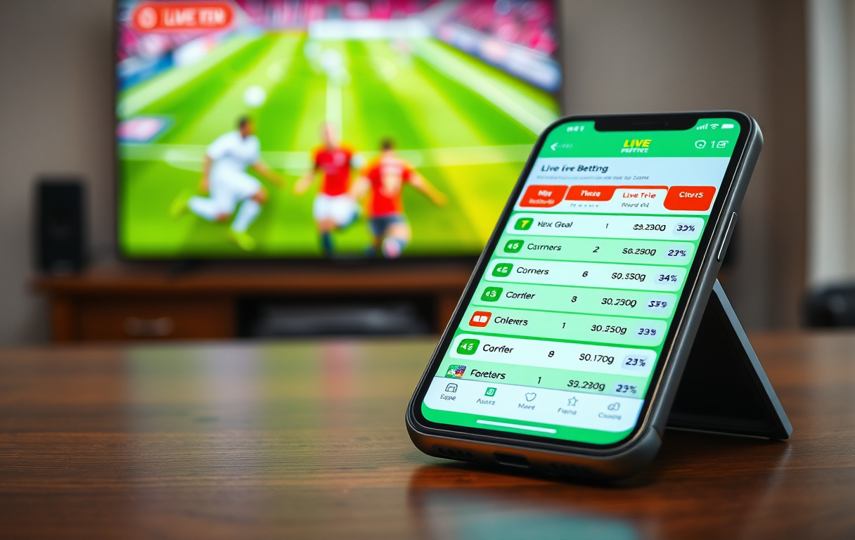 Smarttelefon med live betting grensesnitt for fotball, med odds for neste mål og cornere, i bakgrunnen en TV som viser en fotballkamp.
