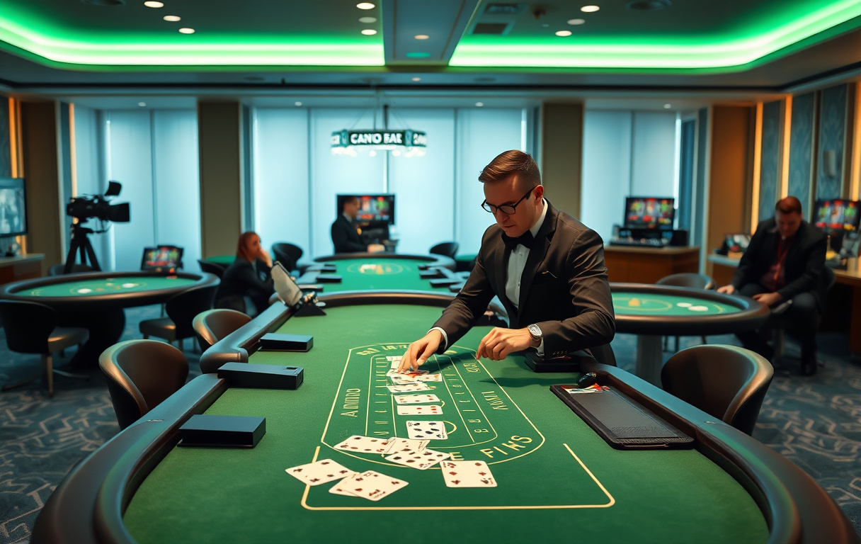 Live casino med ekte dealer og blackjack-bord i høykvalitetsstudio.