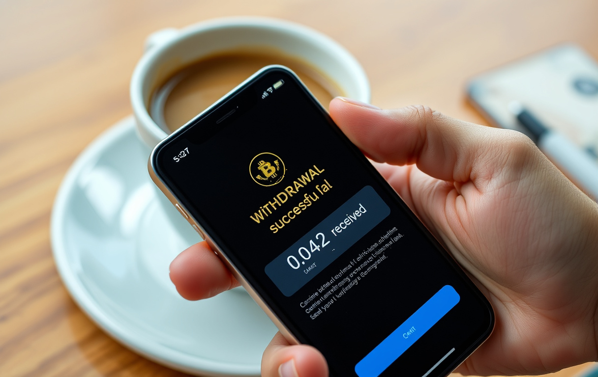 Person som holder mobil med bekreftelse på vellykket uttak av kryptovaluta, kaffekopp i bakgrunnen.