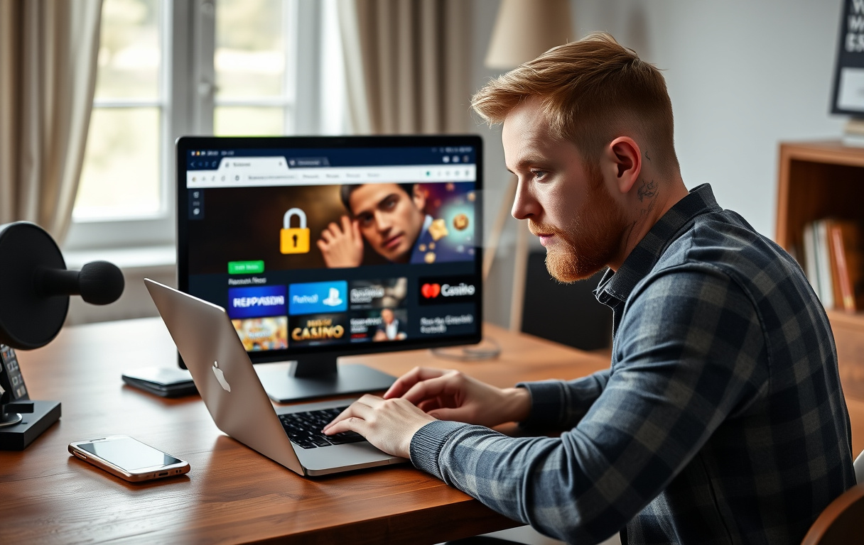 En norsk spiller som sammenligner casinoer på laptop med SSL og ansvarlig spill-ikoner synlig