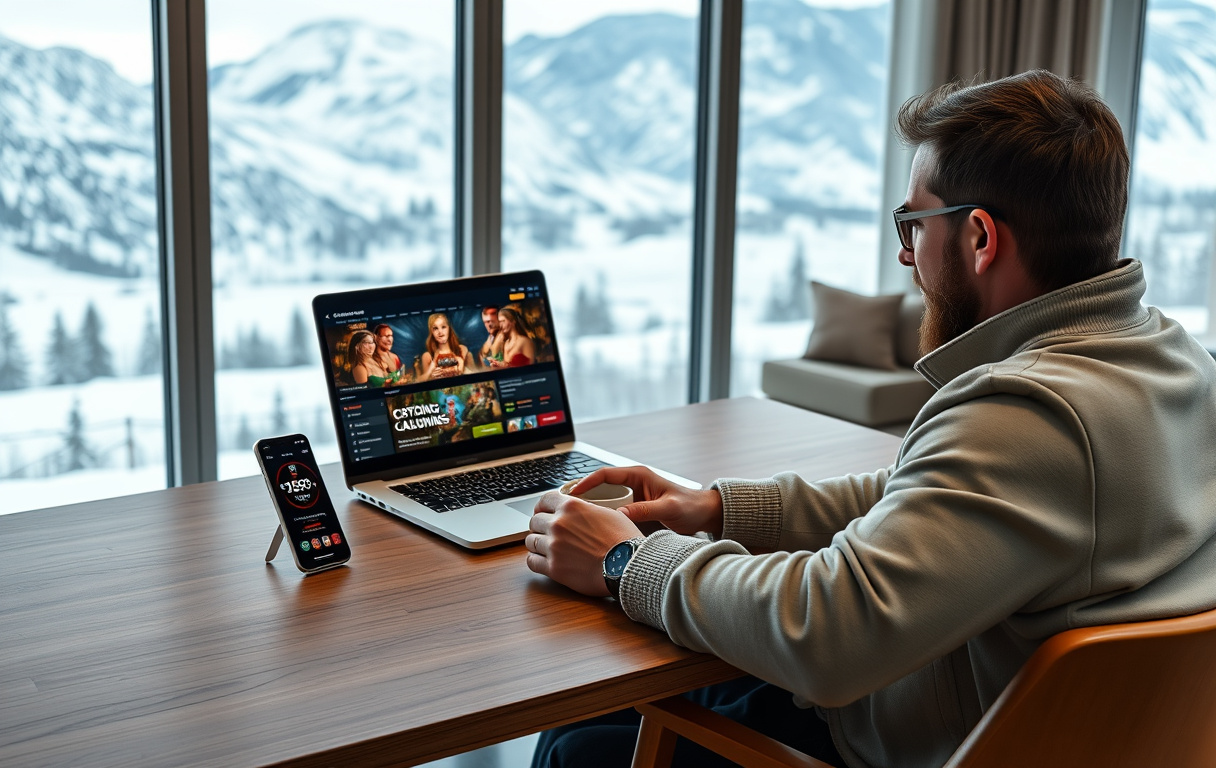 Norsk spiller ved skrivebord med laptop som viser et casinobibliotek, kaffekopp og mobiltelefon med krypto-lommebok.