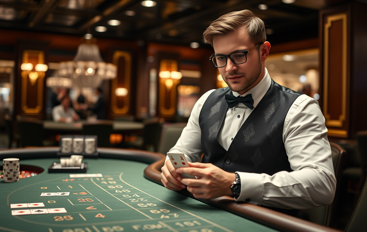 Live baccarat-bord med dealer og kort.
