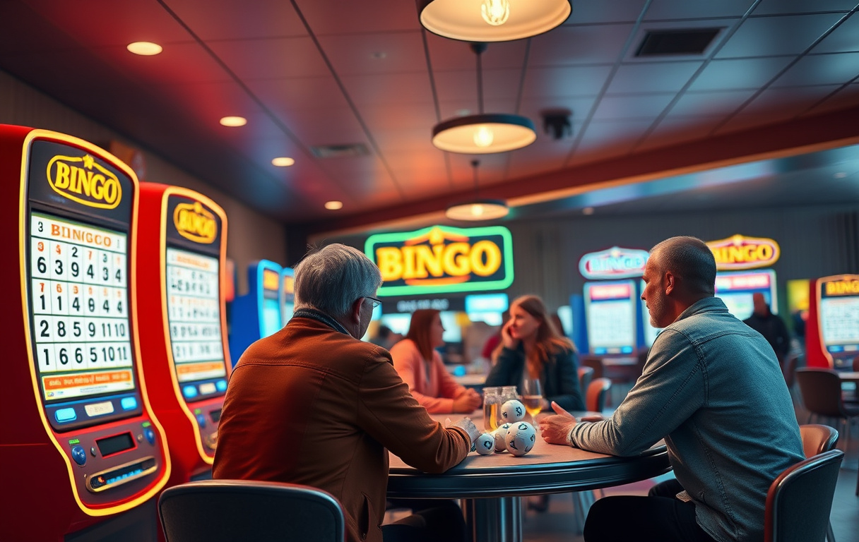 Norsk bingohall med digitale skjermer og deltakere ved bord