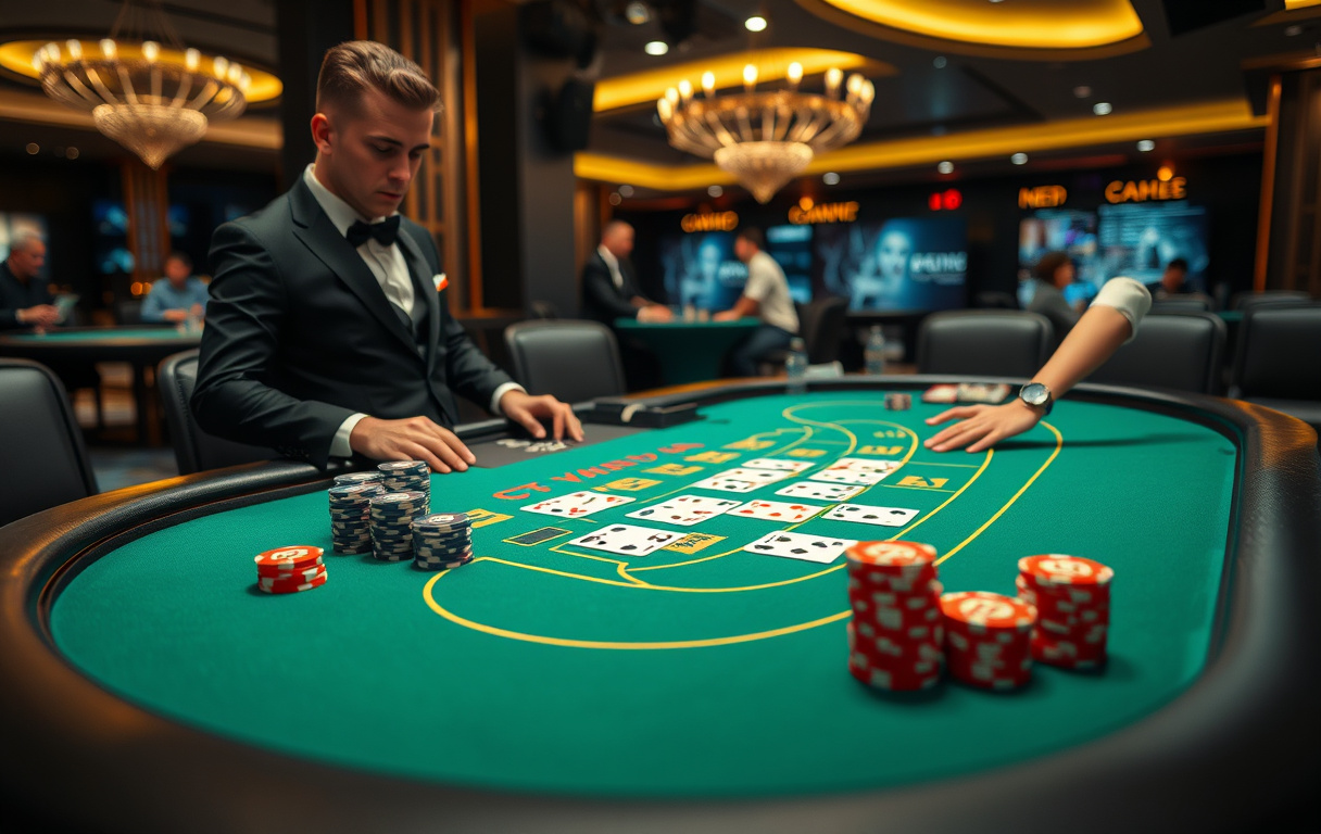 Live dealer blackjack-bord med kort og jetoner, profesjonell dealer i studio.