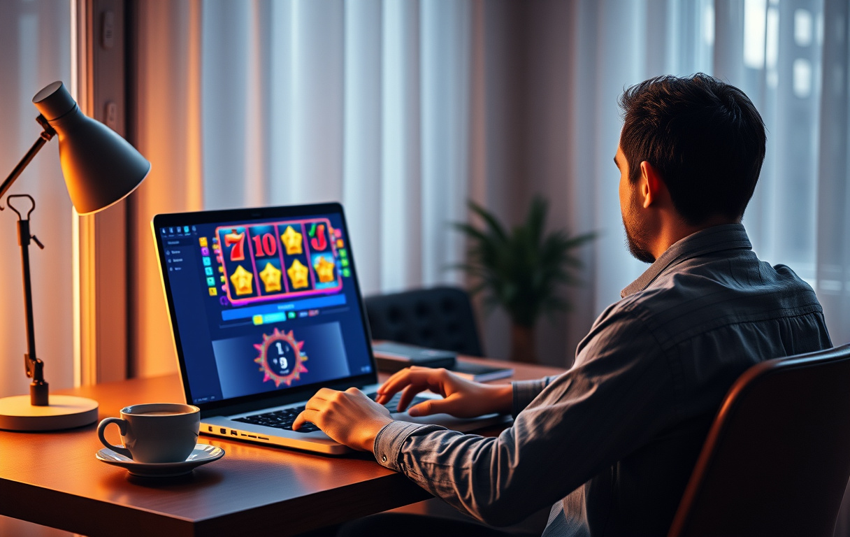 En person spiller gratis spilleautomater på en laptop i et hjemmekontor