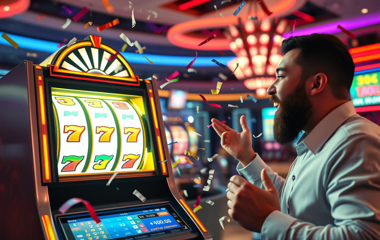 Spiller som vinner stor jackpot på spilleautomat med konfetti og feiring.
