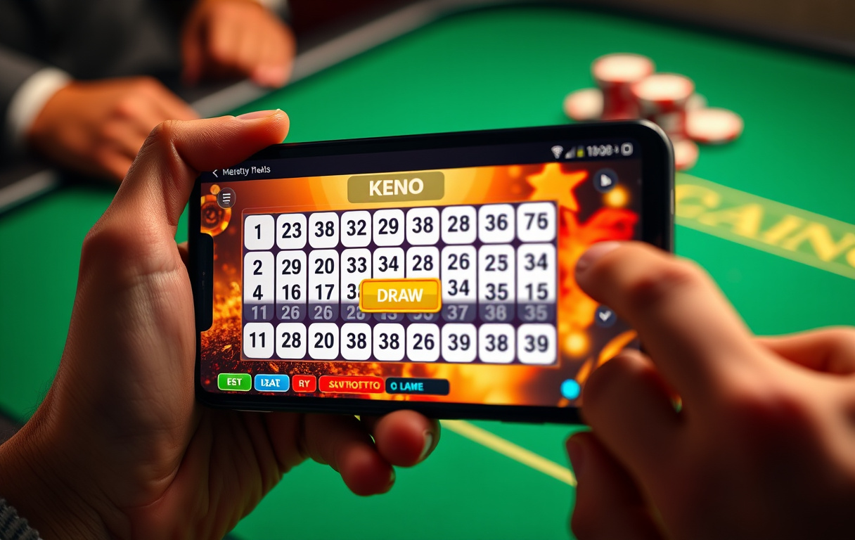 Smarttelefon som viser Keno-spill på et nettcasino, med tallrutenett og trekning-knapp.