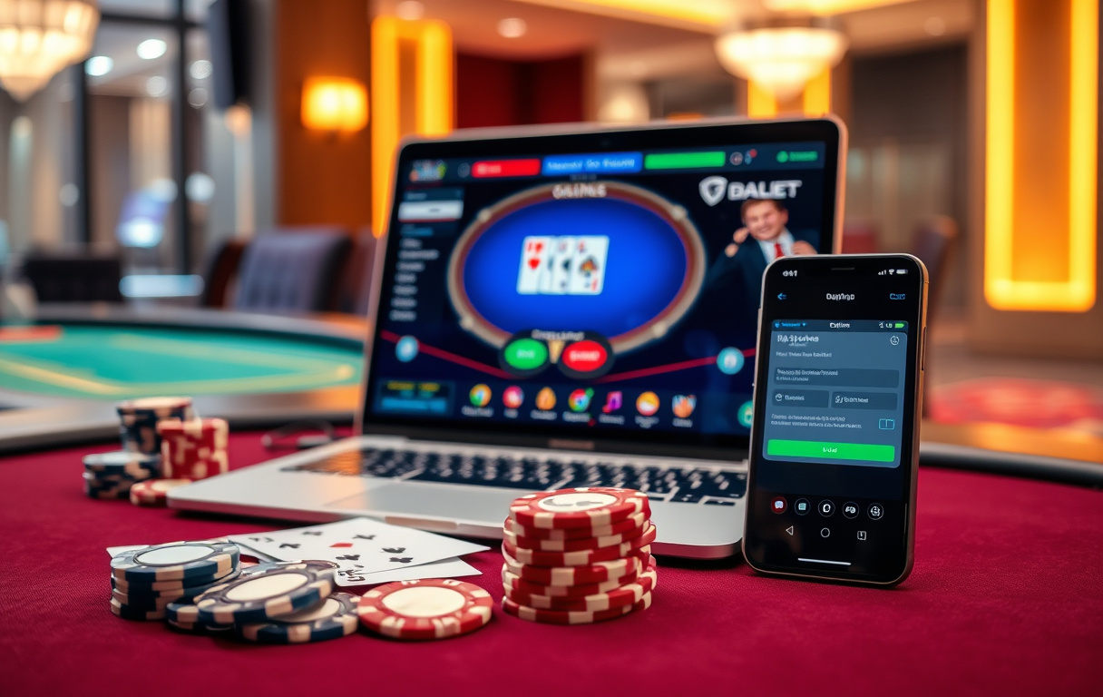 Pokerbord med sjetonger og kort, laptop med online poker og mobiltelefon med betaling
