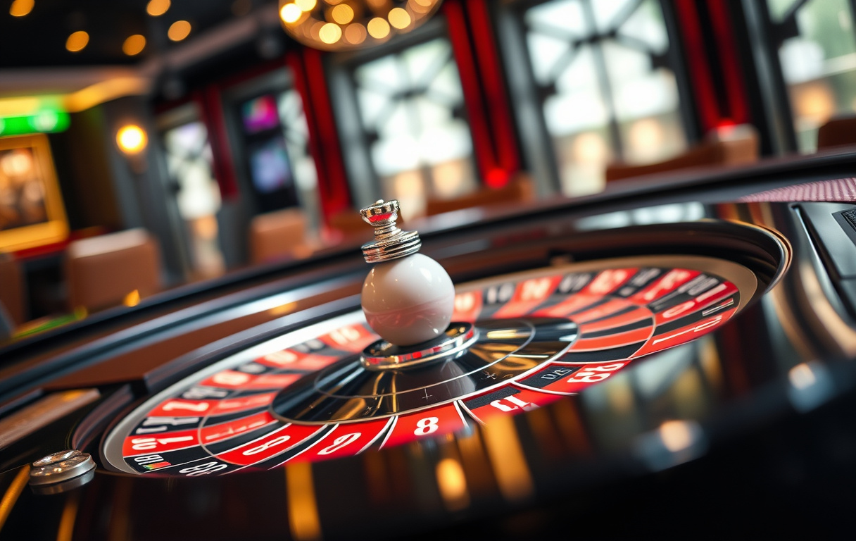 Nærbilde av rulettball i hjul på et casino.