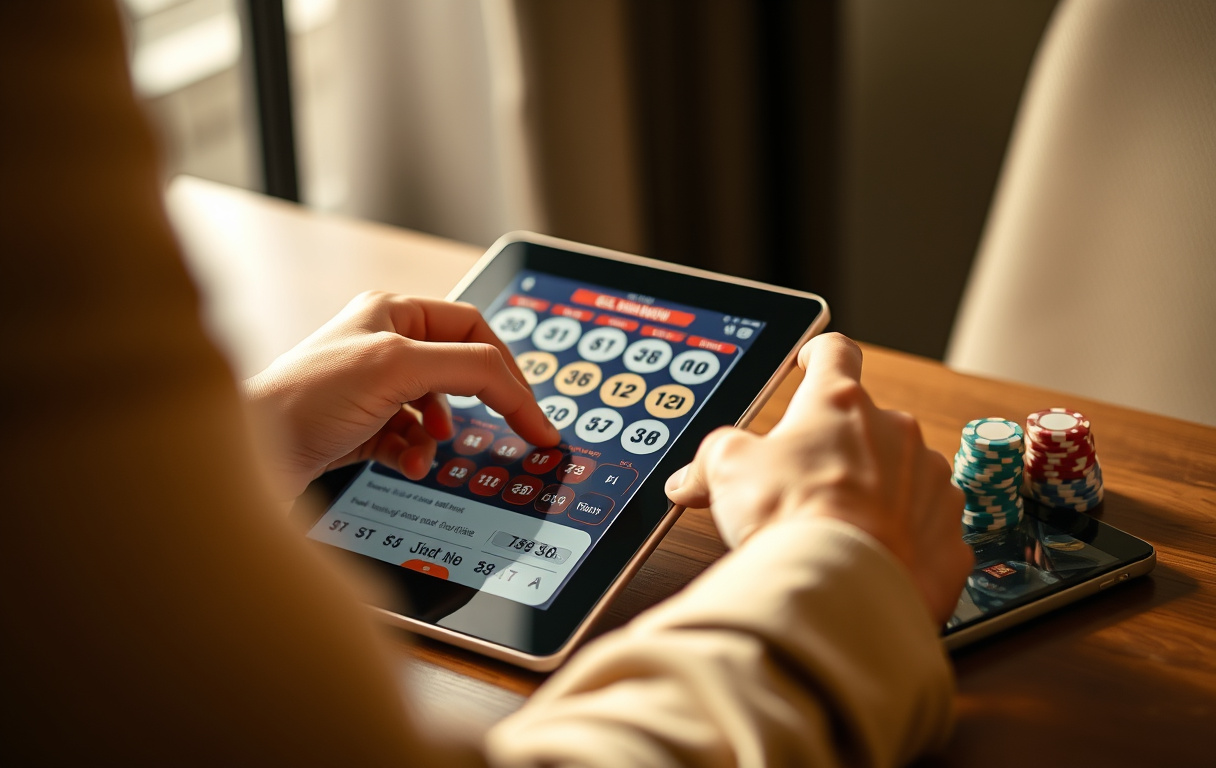Person som skraper digitalt skrapelodd på et nettbrett med casino chips ved siden av