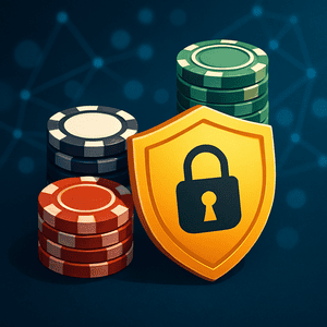 Illustrasjon av kasinosjetonger med beskyttelsesskjold og lås som symboliserer tillit og sikkerhet.